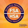 A graphic showing that Motrin Migraine is an eligible product for Flexible Spending Accounts (FSA) and Health Savings Accounts (HSA) without a prescription.