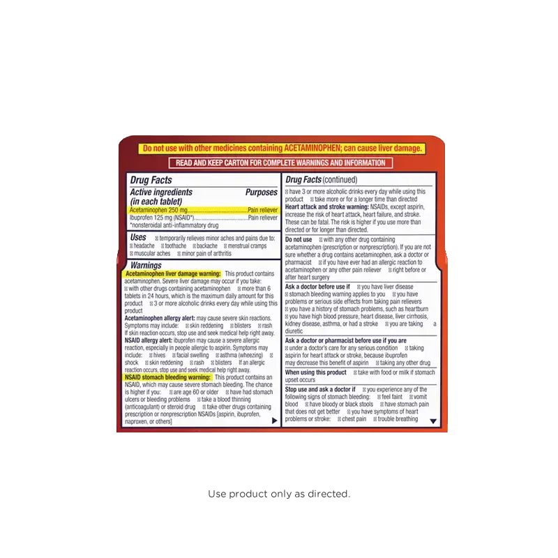 The back of a box of Motrin Dual Action with Tylenol that shows the active ingredients and instructions for use.
