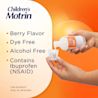 Children's Motrin dye-free, berry flavor, contains ibuprofen (NSAID), Alcohol Free, hands holding a small bottle.