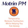 Motrin PM logo with an illustration of a toothache and text stating it temporarily relieves toothaches while helping you fall asleep.