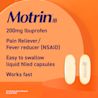 A graphic of Motrin IB 200mg Ibuprofen liquid-filled capsules. The graphic features the product name and highlights that it's a fast-acting pain reliever and fever reducer (NSAID), with easy-to-swallow capsules.
