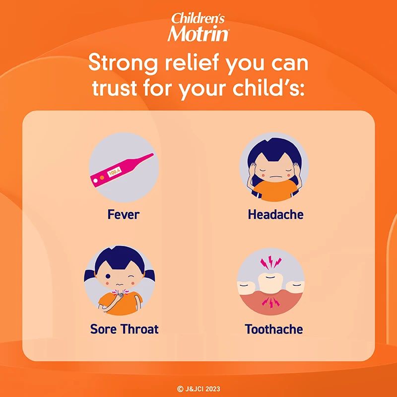 Children's Motrin graphic with text, "Strong relief you can trust for your child's: Fever, Headache, Sore Throat, Toothache," with icons for each
