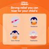 Children's Motrin graphic with text, "Strong relief you can trust for your child's: Fever, Headache, Sore Throat, Toothache," with icons for each