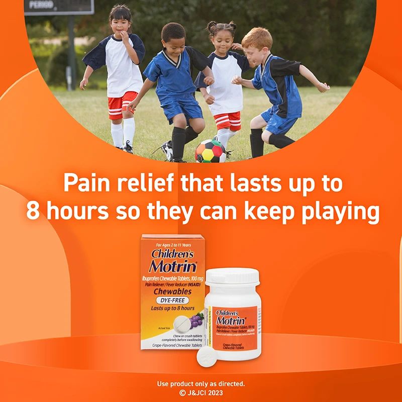 Children playing soccer, Children's Motrin chewables and bottle, tough on fever, works fast and lasts up to 8 hours.