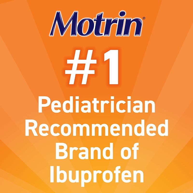 Orange background with text, "Motrin. First Pediatrician Recommended Brand of Ibuprofen"