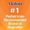 Orange background with text, "Motrin. First Pediatrician Recommended Brand of Ibuprofen"