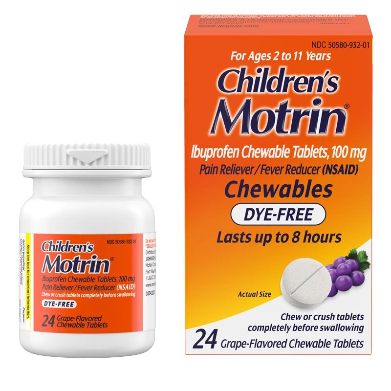 Children's Motrin package, bottle and box, of 100 mg ibuprofen chewable tablets for ages 2 to 11, dye-free, grape-flavored, for pain relief and to reduce fever.