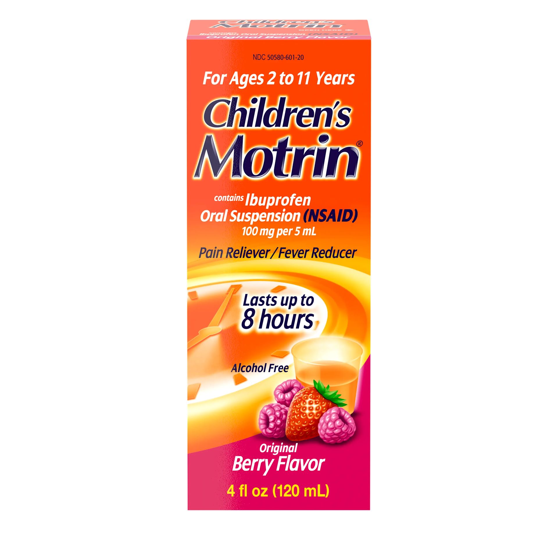 Box of Children's Motrin Ibuprofen Liquid Oral Suspension, 4 fl. oz (120 ml), berry flavor, for ages 2 to 11 years, pain relief and fever reducer, lasts up to 8 hours. Front of the pack.