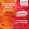 Two pills, one labeled "Motrin" and the other "Tylenol". Orange and red powder bursts out, illustrating the combination of Motrin's pain-targeting strength and Tylenol's pain-blocking power.