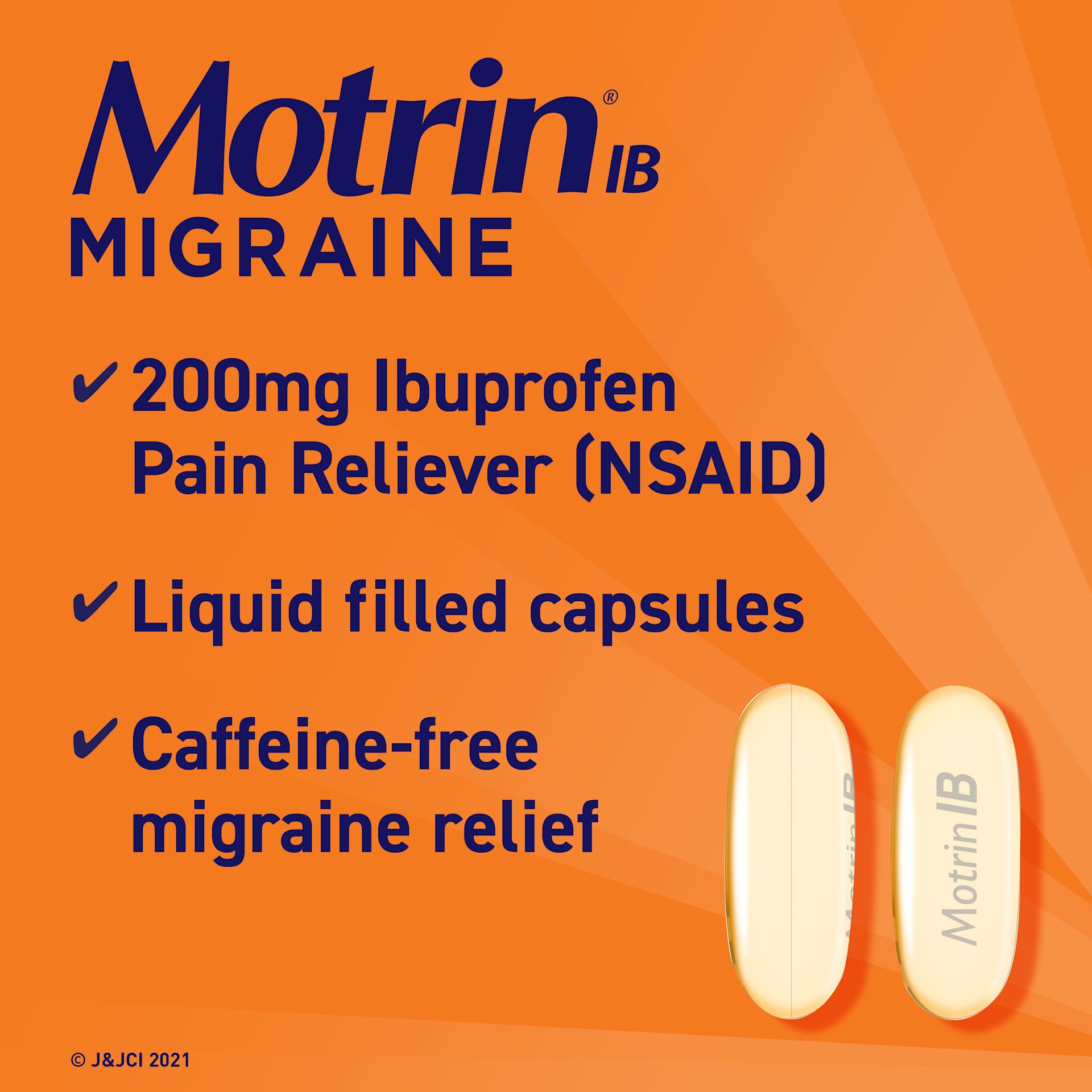 Image of Motrin IB Migraine medication. Features two amber-colored liquid-filled capsules. Text highlights that it contains 200mg of ibuprofen (an NSAID), is caffeine-free, and provides migraine relief.