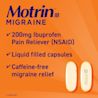 Image of Motrin IB Migraine medication. Features two amber-colored liquid-filled capsules. Text highlights that it contains 200mg of ibuprofen (an NSAID), is caffeine-free, and provides migraine relief.