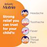 Infant's Motrin graphic with text, “Strong relief you can trust for your child's: Fever, Headache, Sore Throat, Toothache” with icons for each