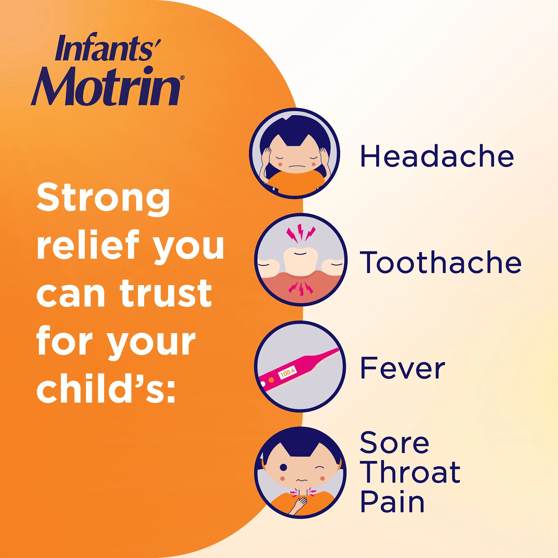 Infant's Motrin graphic with text, “Strong relief you can trust for your child's: Fever, Headache, Sore Throat, Toothache” with icons for each