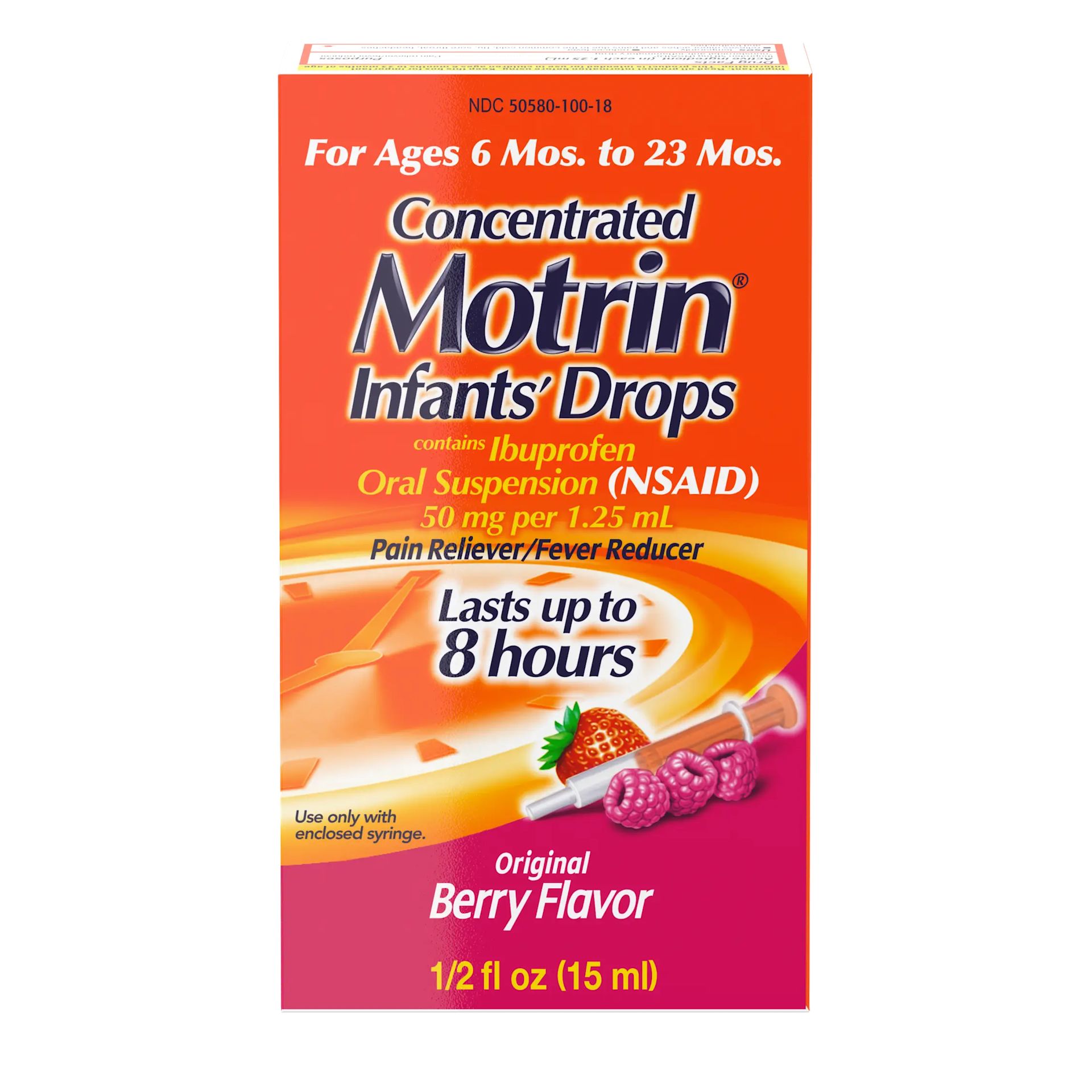 Box of Infants' Motrin Liquid Ibuprofen Drops, 1/5 fl. oz (15 ml), berry flavor, for ages 2 to 11 years, pain relief and fever reducer for babies, lasts up to 8 hours. Front of the pack.