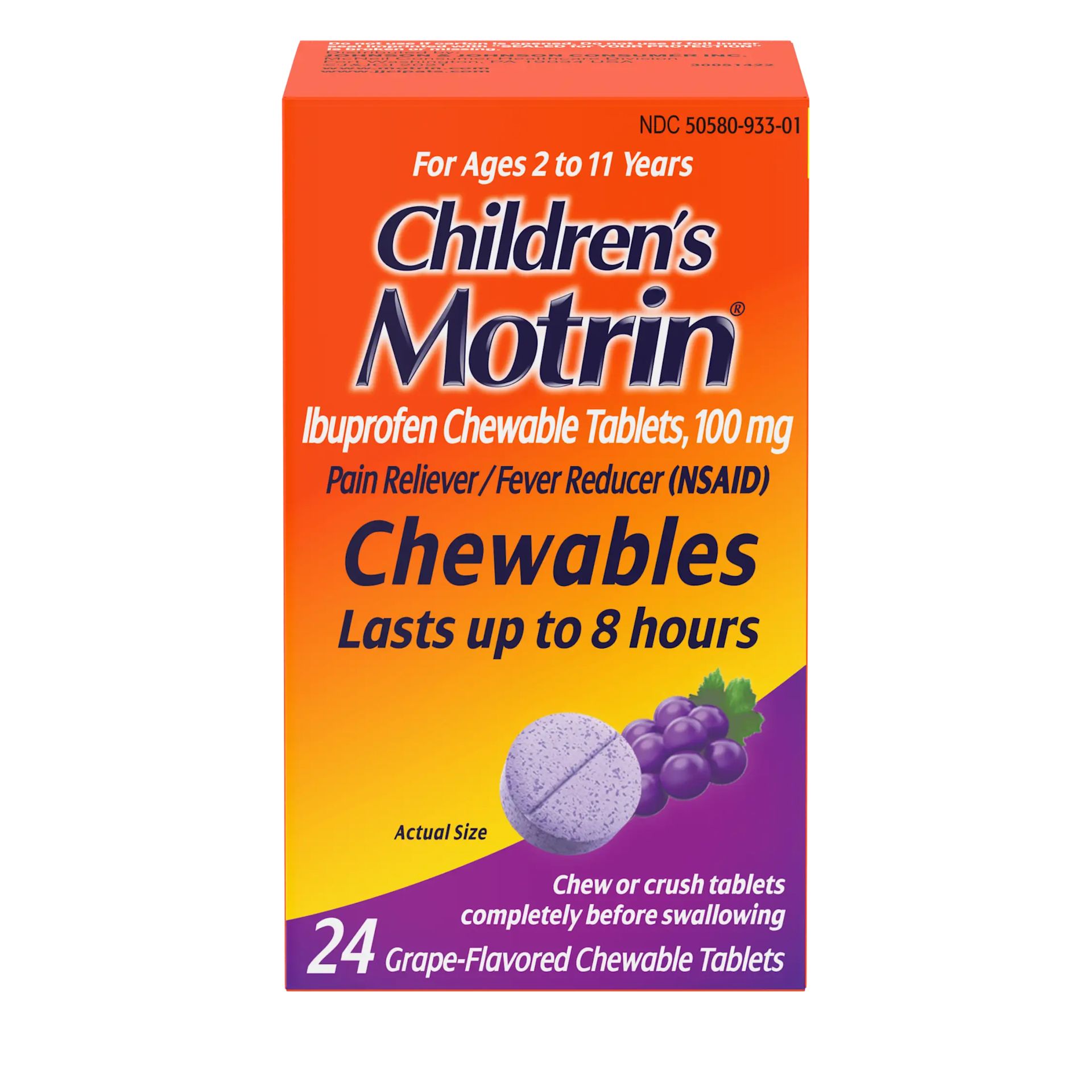 Box of Children's Motrin Ibuprofen Chewable Tablets, 100 mg, grape-flavored, for ages 2 to 11 years, pain relief and fever reducer, 24 tablets, lasts up to 8 hours. Front of the pack.