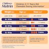 Children's Motrin chewable dosage information for 2 to 11 years old. Doses vary by weight and age, with 1-3 tablets recommended. Under 2 years or under 24 lbs should consult a doctor.