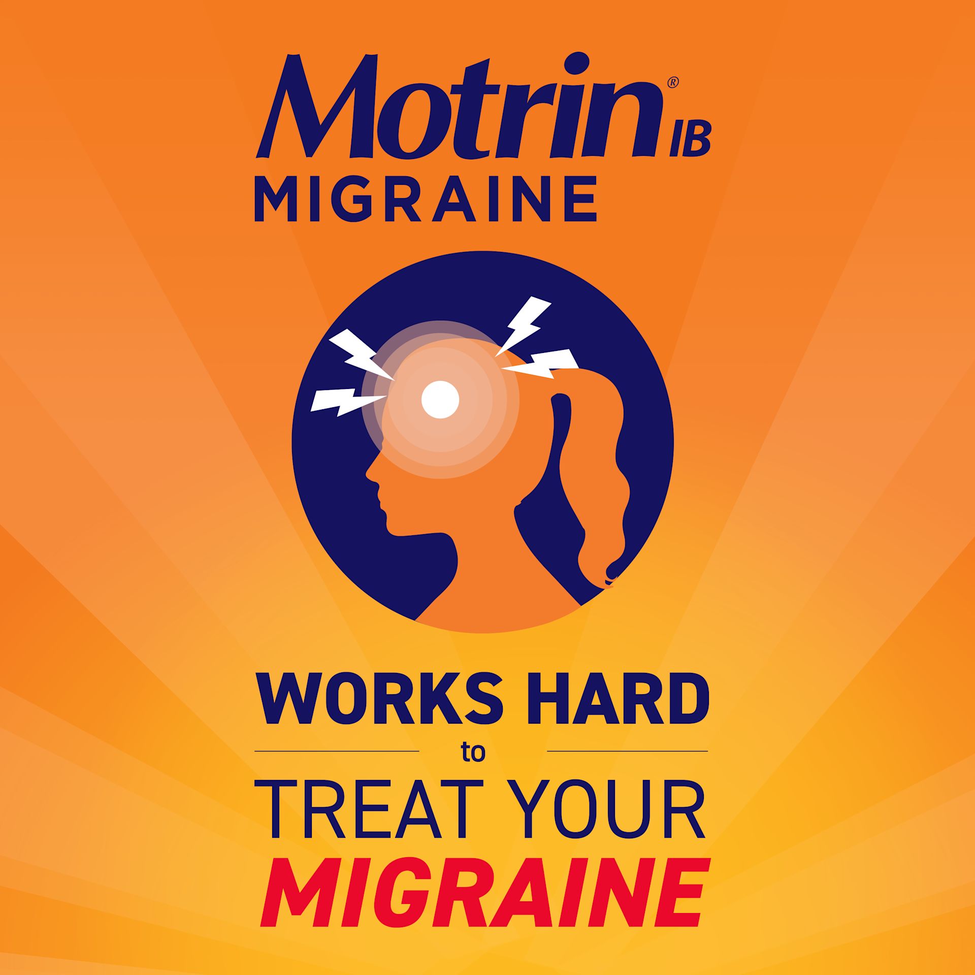 Motrin Migraine pain reliever advertisement featuring a graphic of a head with lightning bolts, and the text "Works Hard to Treat Your Migraine."