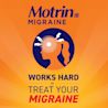 Motrin Migraine pain reliever advertisement featuring a graphic of a head with lightning bolts, and the text "Works Hard to Treat Your Migraine."