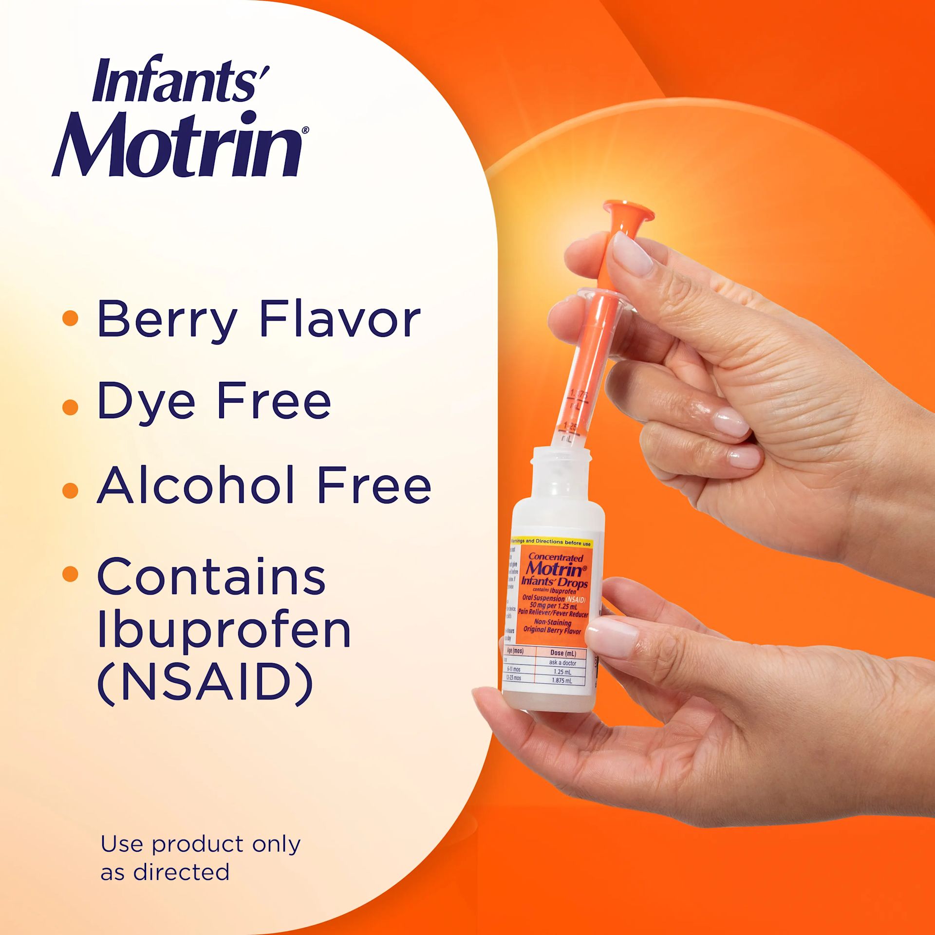 Infants’ Motrin dye-free, berry flavor, contains ibuprofen (NSAID), Alcohol Free, hands holding a small bottle.