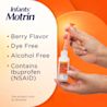 Infants’ Motrin dye-free, berry flavor, contains ibuprofen (NSAID), Alcohol Free, hands holding a small bottle.