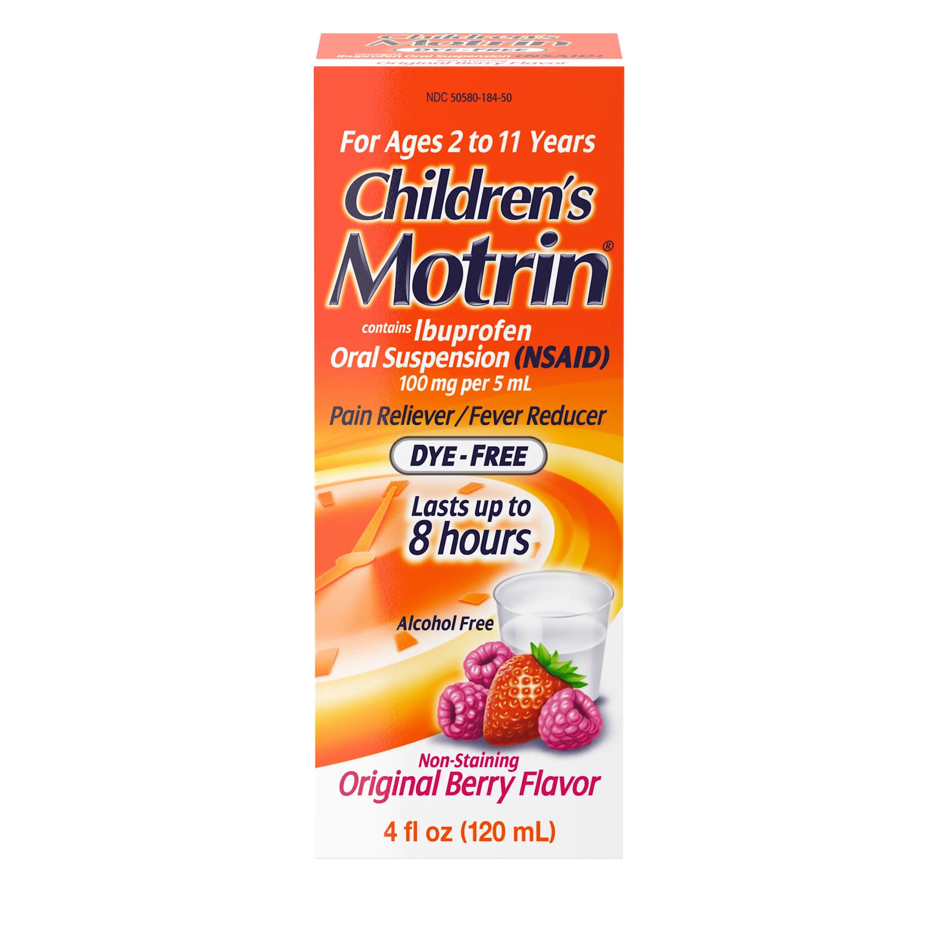 Box of Children's Motrin Ibuprofen Liquid Oral Suspension Dye-Free, 4 fl. oz (120 ml), berry flavor, for ages 2 to 11 years, pain relief and fever reducer, lasts up to 8 hours. Front of the pack.
