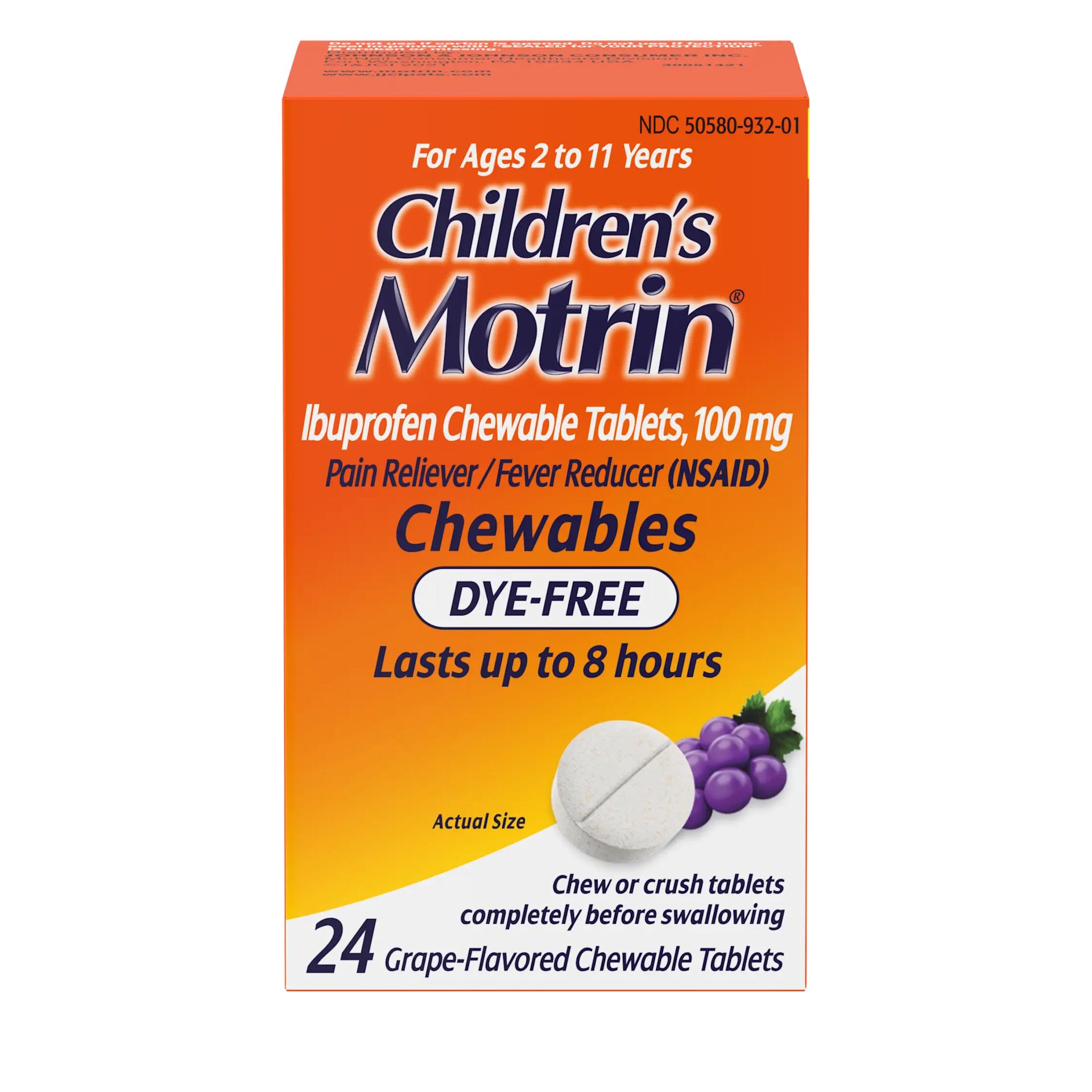 Box of Children's Motrin Ibuprofen Chewable Tablets Dye-Free, 100 mg, grape-flavored, for ages 2 to 11 years, pain relief and fever reducer, 24 tablets, lasts up to 8 hours. Front of the pack.