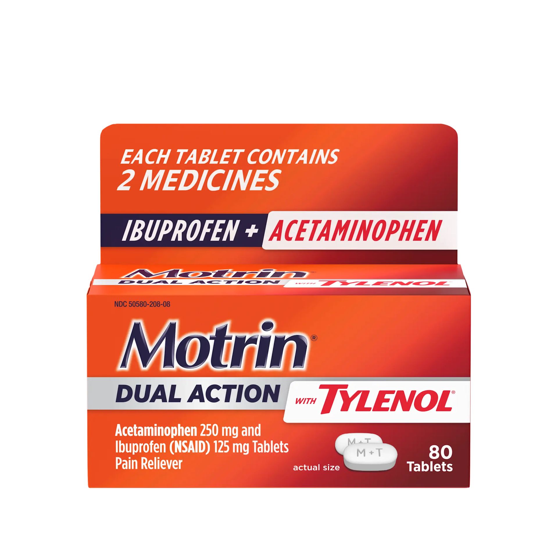 A box of Motrin Dual Action with Tylenol 80 count is shown with use products only as directed.