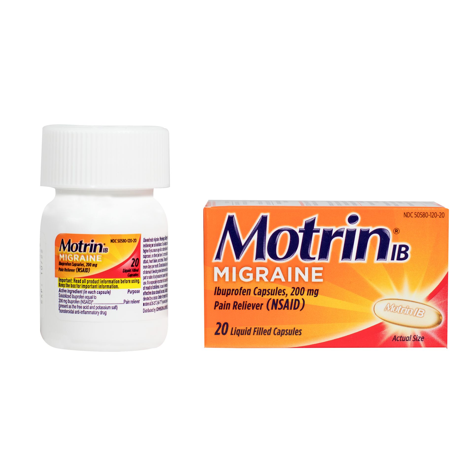 A photo of a bottle and a box of Motrin IB Migraine, a pain reliever. The bottle and box show the product name, dosage, and other relevant information.