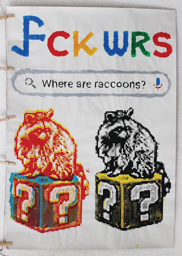 Where are raccoons The big question Angel / Stencil and silk screen / 100x70cm. / Signed by Fckwrs / Year: 2023