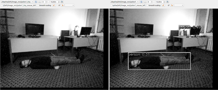 Low light room. YOLOv7 detects sitting and lying persons (with low confidence), but YOLOv7-tiny does not detect anything.