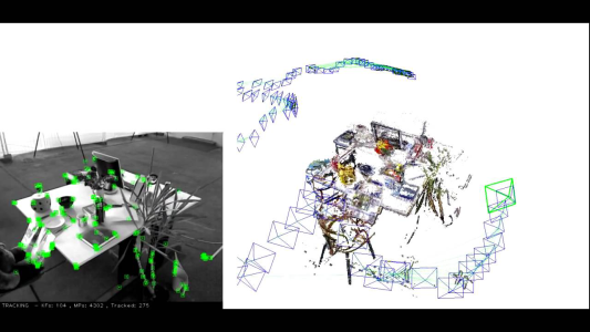 ORB-SLAM3 map viewer window and point cloud with camera’s frames