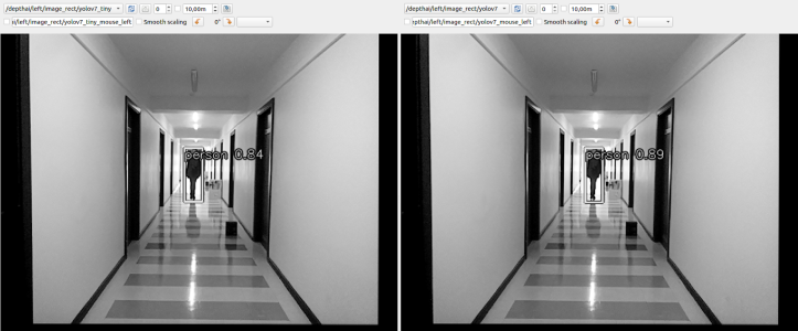 Hallway with good lighting, backlit. 10-meter distance. YOLOv7 and YOLOv7-tiny produce similar results.