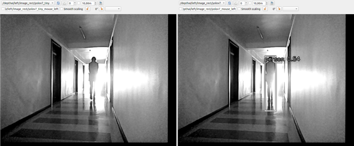 Backlit hallway with poor lighting. At about a distance of 10 meters, the person was not detected.
