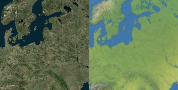Quality comparison at higher zoom level.
Left: Cesium Ion Asset (Bing Aerial Maps), Right: Offline texture (Natural Earth II)
