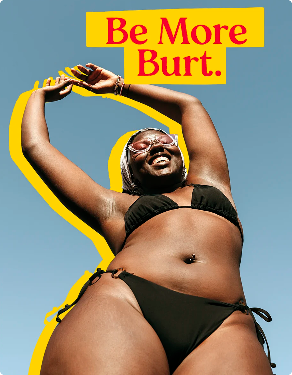 woman in bikini dancing, be more burt callout above her head