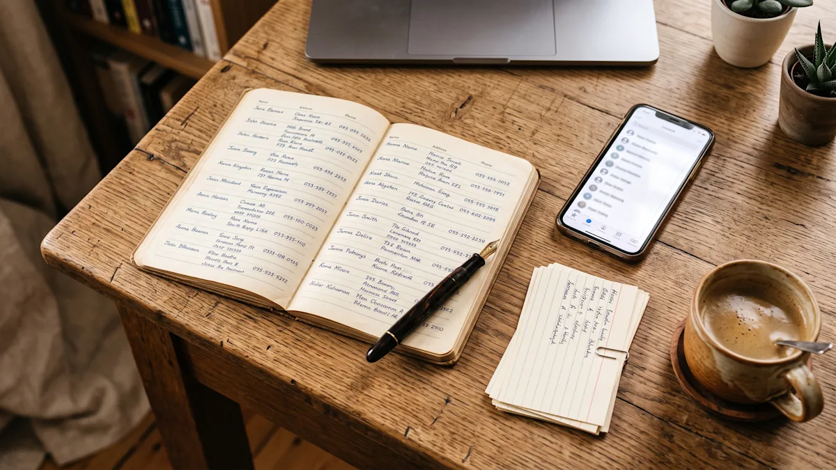 An open paper address book, a phone showing a contact list, index cards and a coffee on a wooden desk