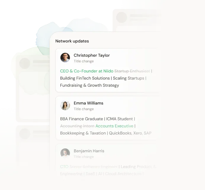 Dex network updates showing LinkedIn connections' title changes, a prompt to reach out.