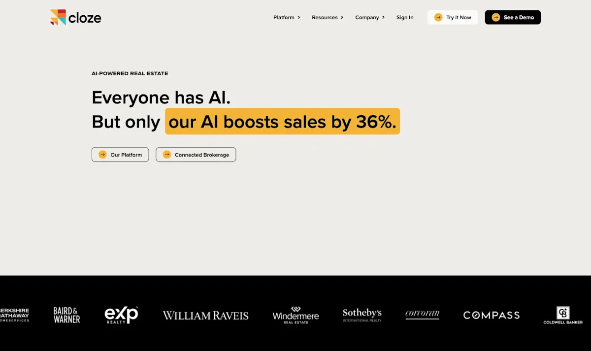 Screenshot of Cloze's landing page, taken from cloze.com