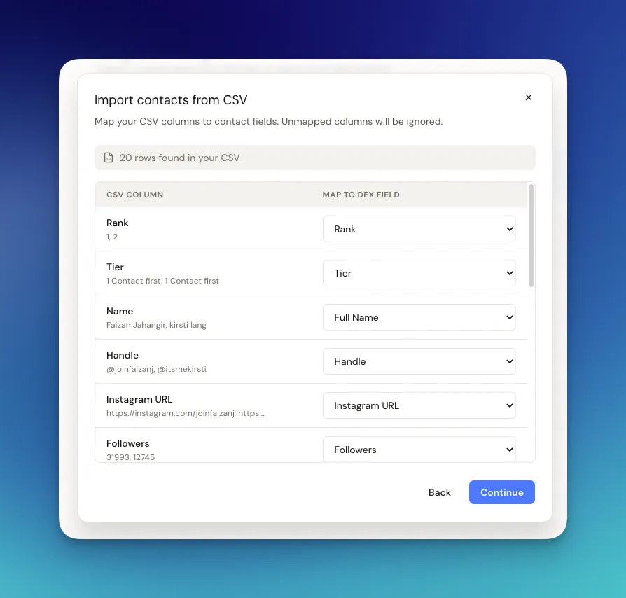 Mapping CSV columns to Dex fields during a contact import
