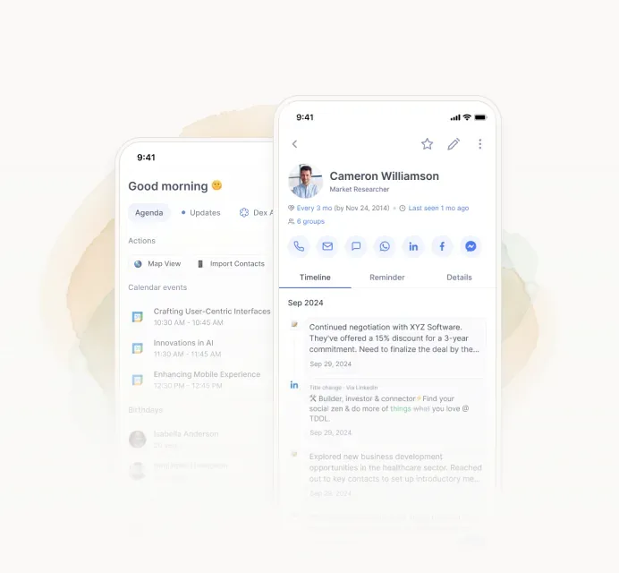 The Dex mobile app with the home agenda and a contact's timeline of notes, LinkedIn job changes and last-seen date