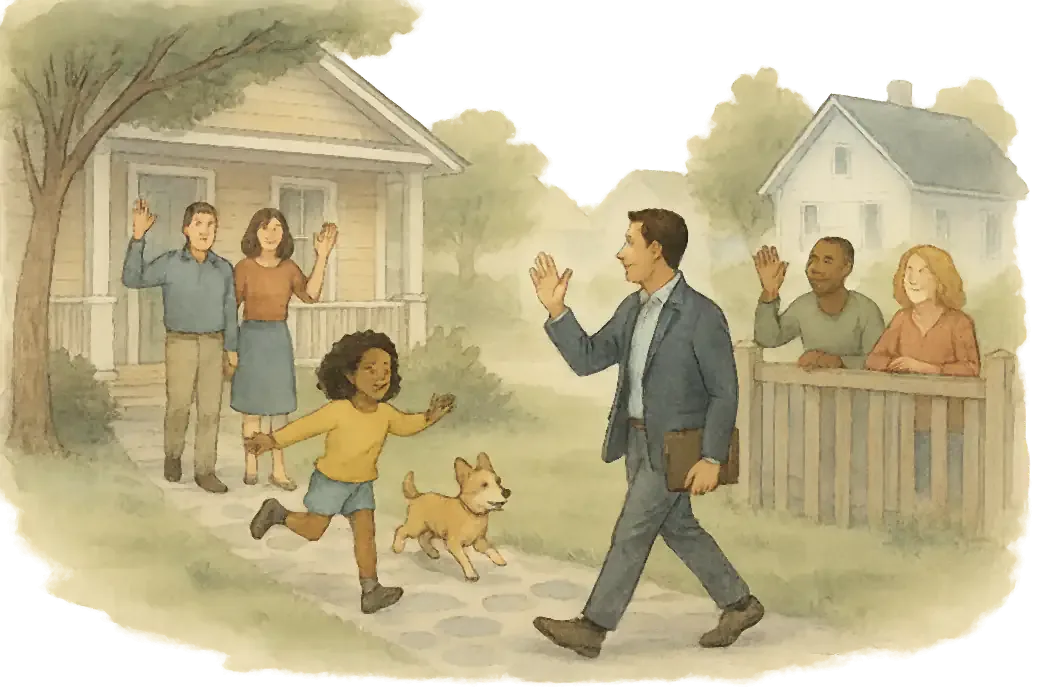 Illustration of a real estate agent waving to past clients and neighbors on a residential street