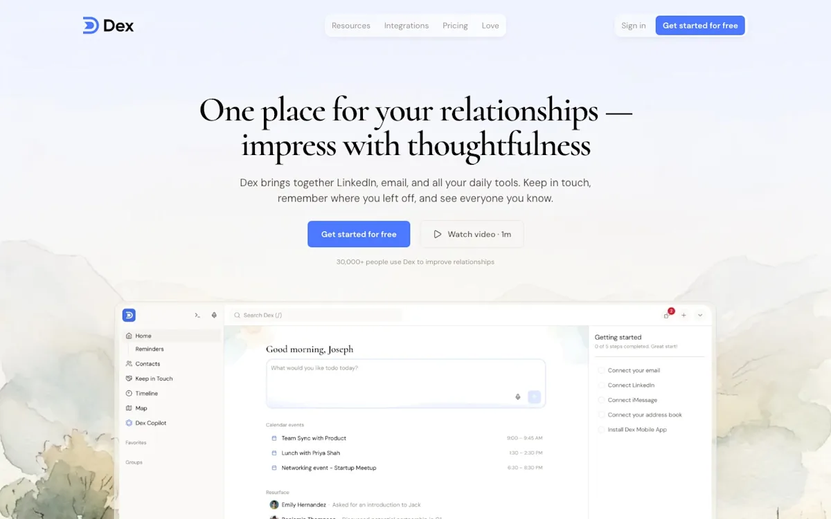 The Dex homepage showing the app's home screen with Keep in Touch, Groups, and reminders in the sidebar