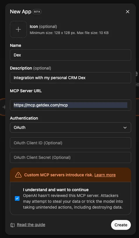 Connecting Dex to ChatGPT as a custom app using the Dex MCP server URL