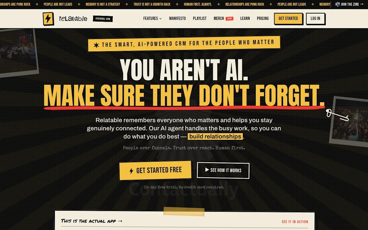 Relatable's homepage, the personal CRM built by the former Contactually team