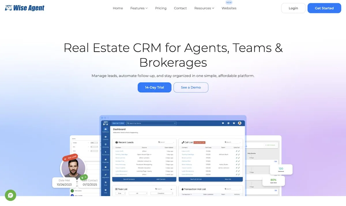 Screenshot of Wise Agent's landing page, taken from wiseagent.com