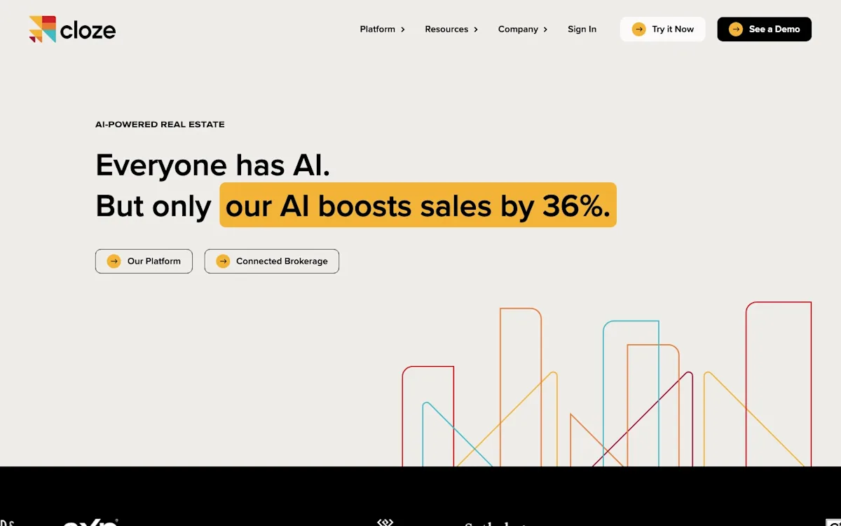 Cloze's homepage positioning it as an AI-powered real estate CRM