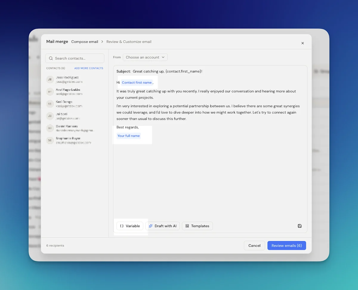Mail Merge in Dex: one email with first-name variables sent to a whole group