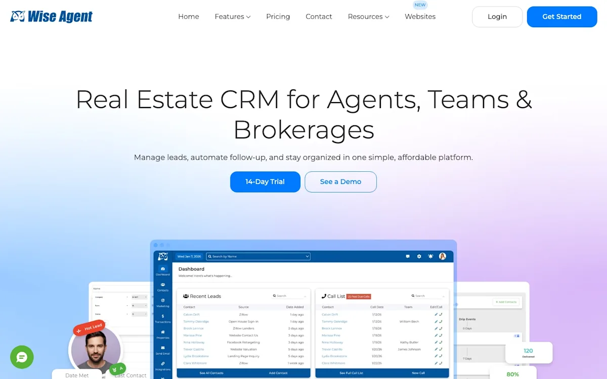 Wise Agent homepage showing its dashboard with recent leads and call list