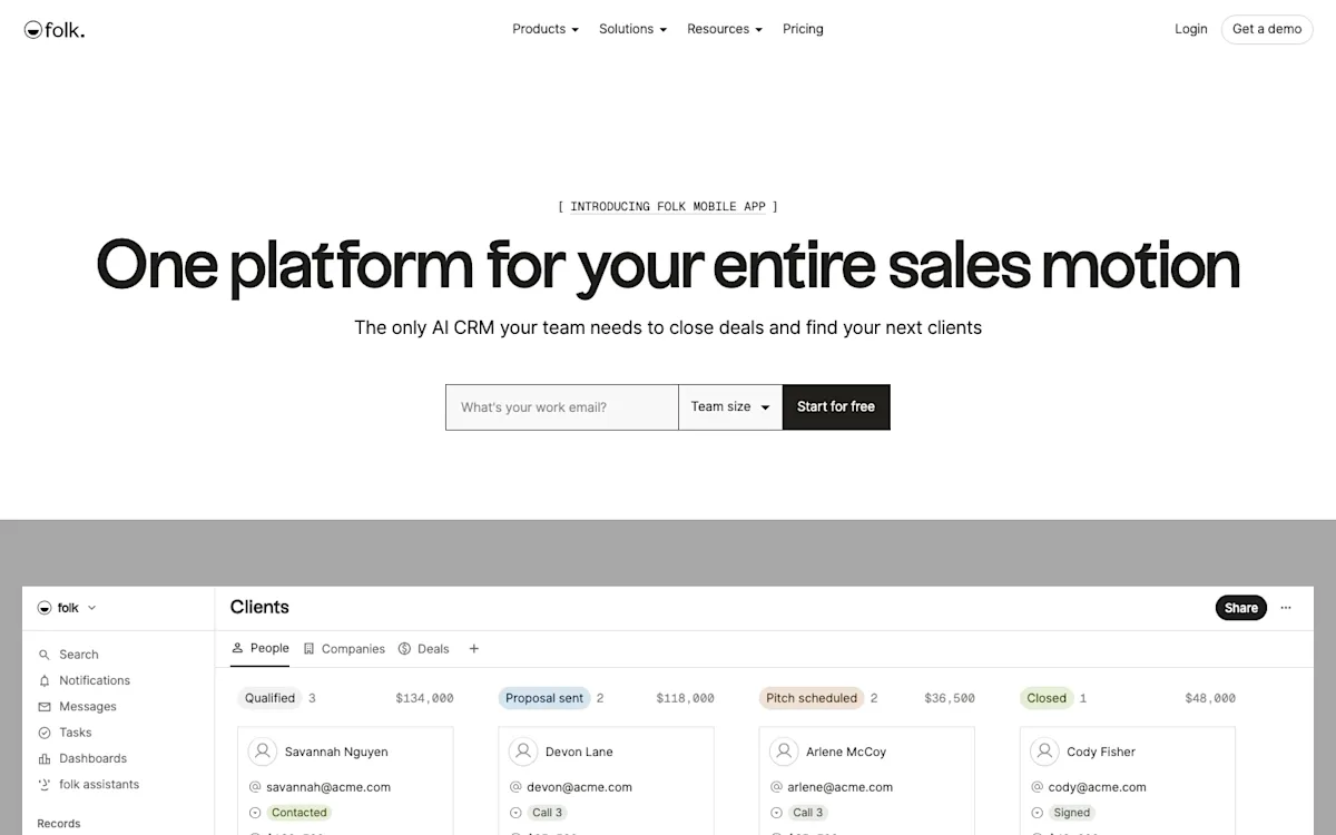 folk's homepage showing a Clients pipeline board with deal stages