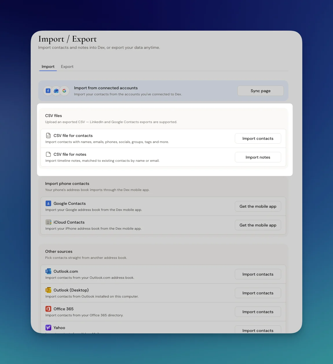 Dex Import page showing the CSV file for contacts option